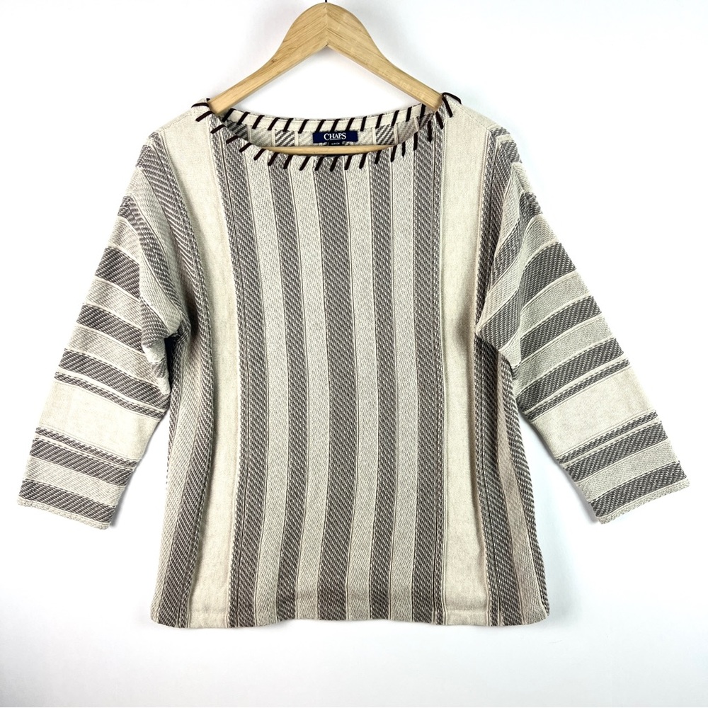 Chaps Gray Beige Southwestern Striped Boho Sweater Top
